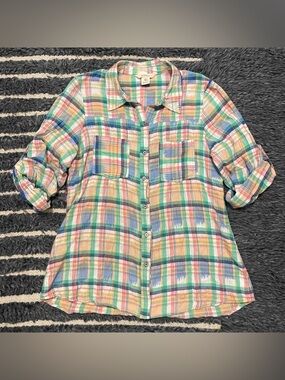 Sundance Womens Plaid Flannel Shirt Blue Pink Cottage Core Boho 100% Cotton M